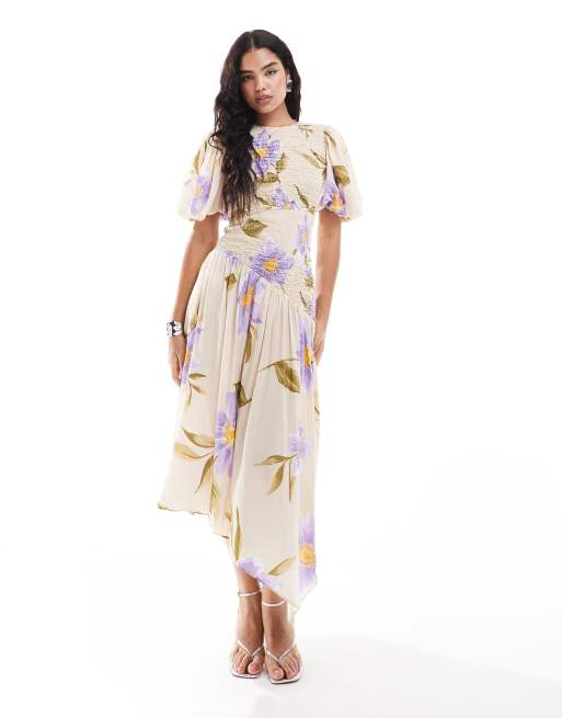 & Other Stories linen blend asymmetric hem midi dress with ruched bodice and volume sleeves in floral print