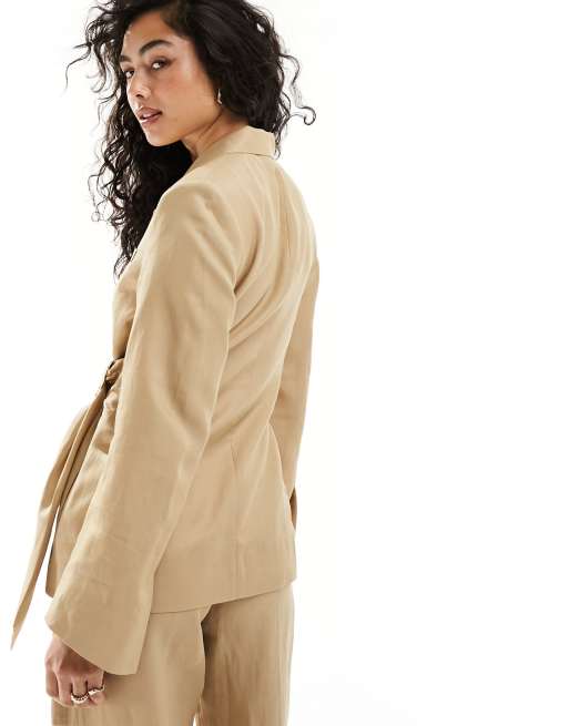 Other Stories linen blend blazer with front buckle detail in