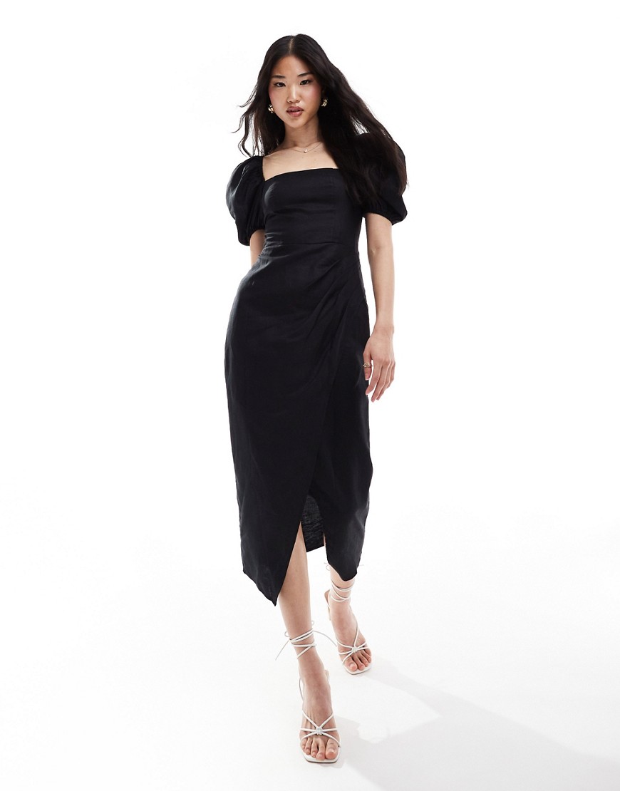& Other Stories linen blend corset detail midi wrap dress in black