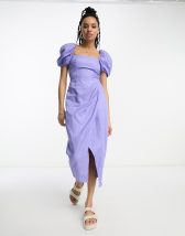 ASOS DESIGN linen-look flutter sleeve midi dress with ruching