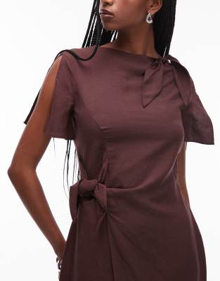 & Other Stories Linen Blend Dress With Wrap Skirt And Tie Neck Detail In Brown