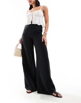 & Other Stories linen blend fluid wide leg pants in black