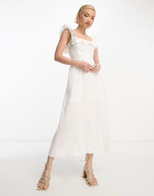 & Other Stories linen blend frill detail midaxi dress in white