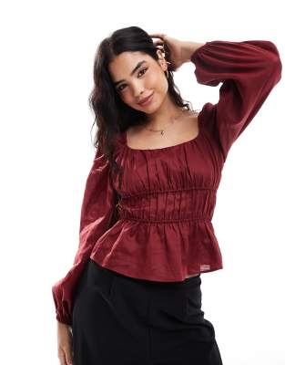 Other Stories &  Linen Blend Long Sleeve Ruched Top In Burgundy Red