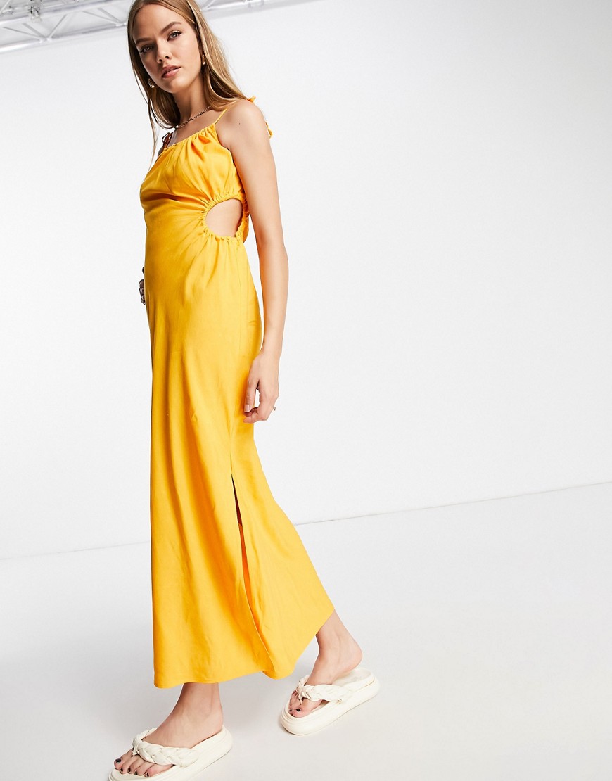 & Other Stories linen blend maxi dress with ruching and side cut out in yellow-Orange