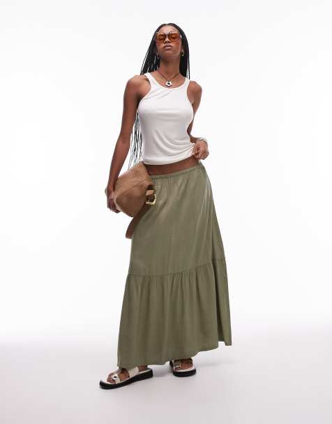 & Other Stories linen blend maxi skirt with tiered hem and side slits in khaki - view 1