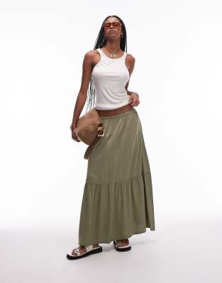 & other stories linen blend maxi skirt with tiered hem and side slits in khaki