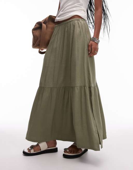 & Other Stories linen blend maxi skirt with tiered hem and side slits in khaki, 2 of 5