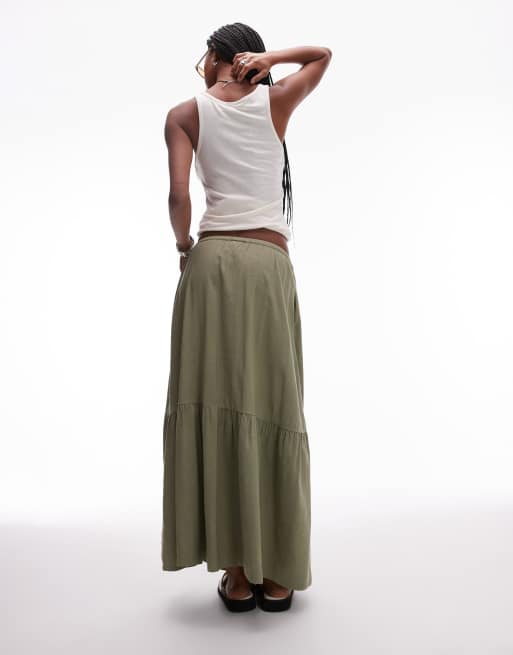 & Other Stories linen blend maxi skirt with tiered hem and side slits in khaki, 3 of 5