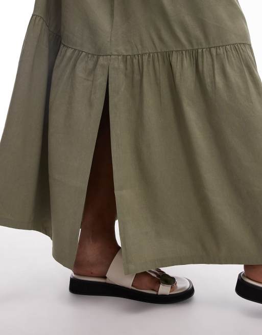 & Other Stories linen blend maxi skirt with tiered hem and side slits in khaki, 4 of 5