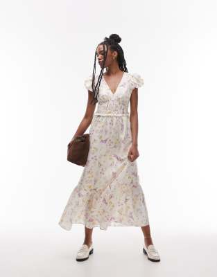 & Other Stories & Other Stories linen blend midaxi dress with ruche bodice detail and tiered hem in floral print-Multi