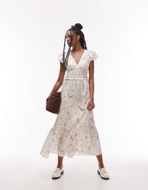 & Other Stories linen blend midaxi dress with ruche bodice detail and tiered hem in floral print