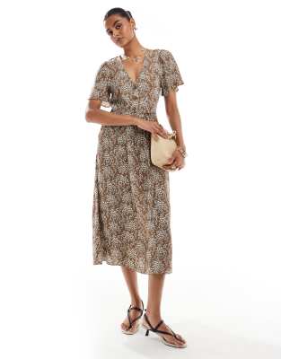 & Other Stories linen blend midaxi dress with ruched bodice detail and tiered hem in floral print-Multi