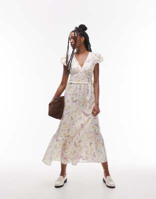 & other stories linen blend midaxi dress with ruched bodice detail and tiered hem in floral print