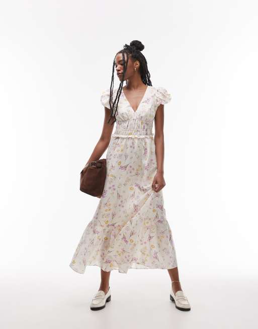 & Other Stories linen blend midaxi dress with ruched bodice detail and tiered hem in floral print