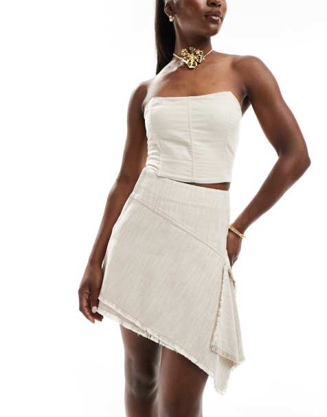& Other Stories linen blend mini skirt with cut about asymmetric raw hem in light beige - view 1