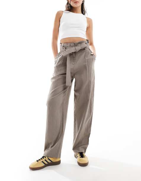 & Other Stories linen blend paper bag waist trousers in taupe