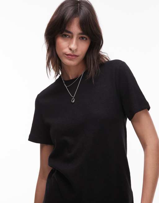 & Other Stories linen blend relaxed short sleeve t-shirt in black, 3 of 4