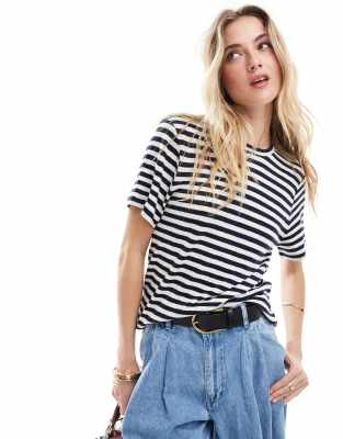 & Other Stories linen blend relaxed short sleeve T-shirt in blue and white stripes-Multi