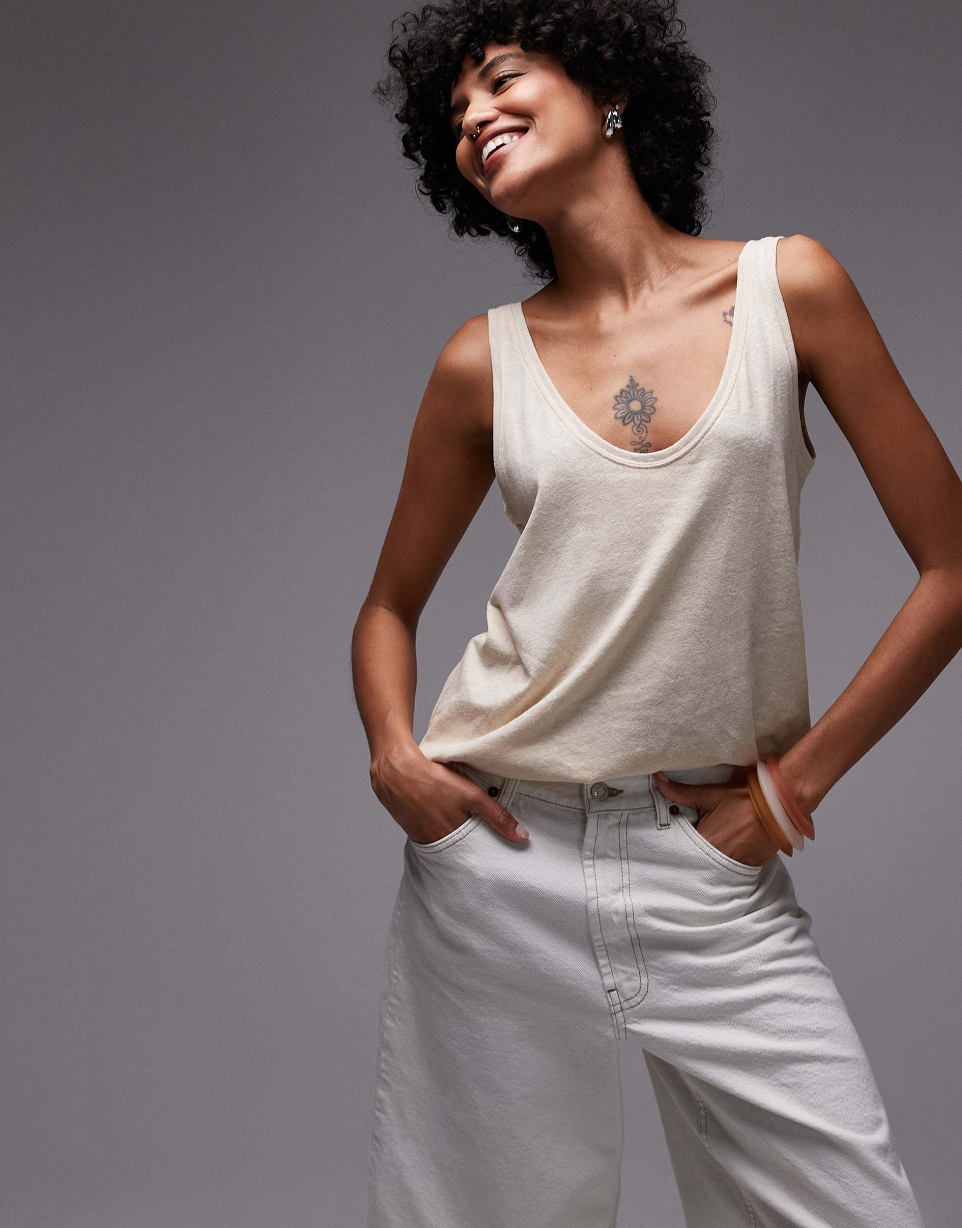 & other stories linen blend tank top with low v-back in buttermilk yellow