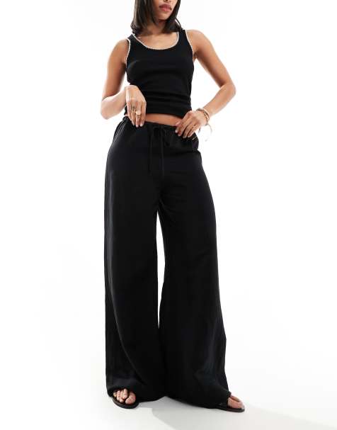 & Other Stories linen blend wide leg trousers with drawstring waist in black 