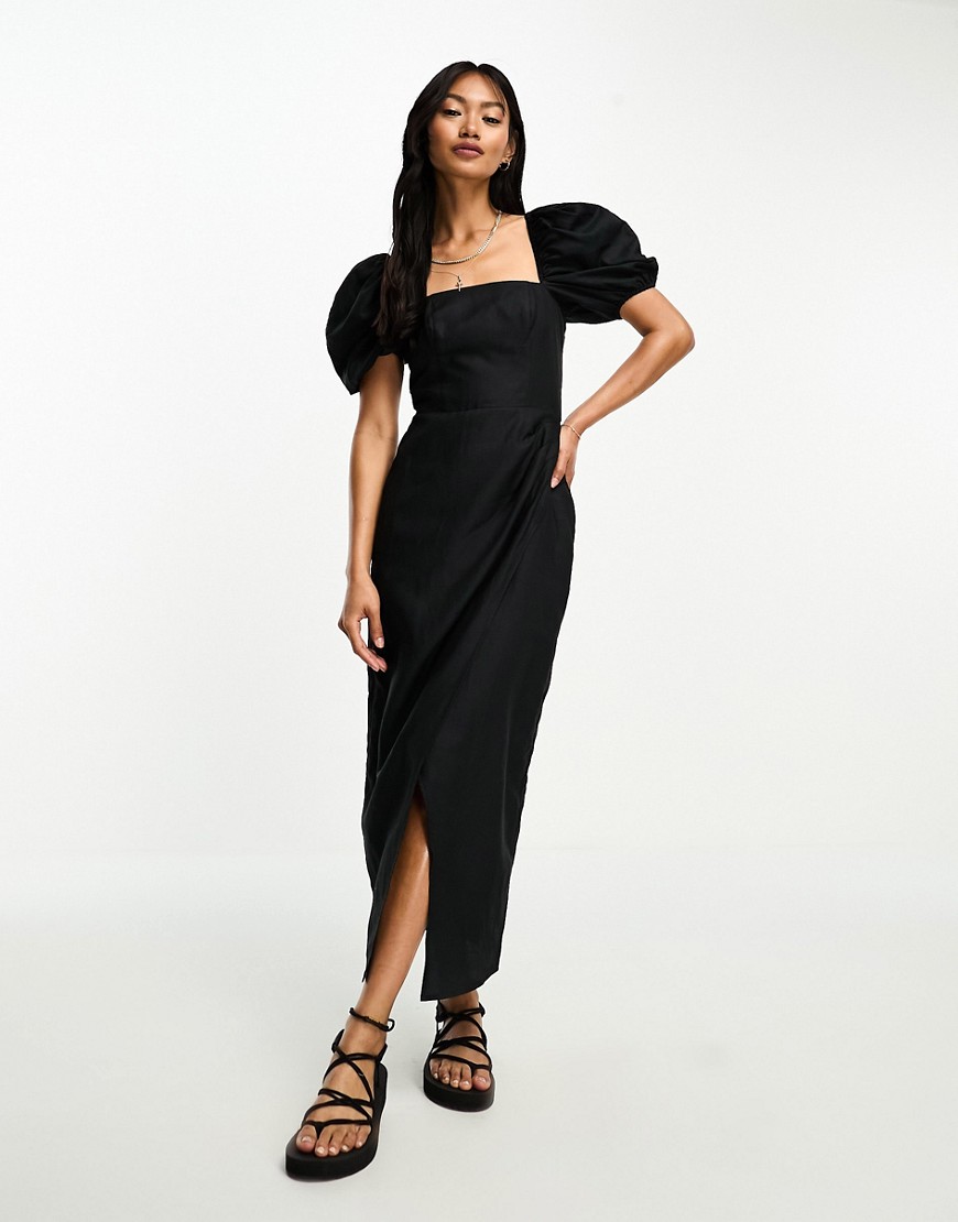 & Other Stories linen blend wrap midi dress in black
