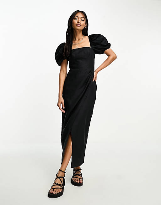 & Other Stories linen blend wrap midi dress in black | ASOS