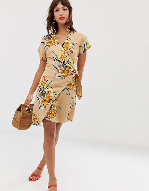 & Other Stories linen blend wrap mini dress in tropical flower print