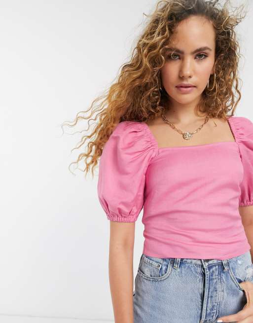 Other Stories linen cropped puff sleeve top in pink ASOS