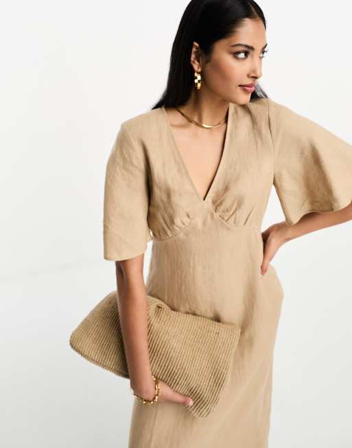 Premium Linen Plus Size V Neck Wrap Detail Woven Midi Dress