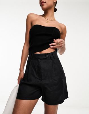 & Other Stories linen high waist belted shorts in black