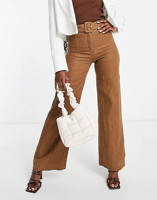 & Other Stories linen high waist belted tailored pants in brown