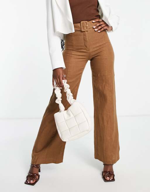 & Other Stories linen high waist belted tailored pants in brown