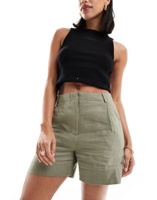 Other Stories &  Linen High Waist Shorts In Khaki Exclusive To Asos - Part Of A Set-green