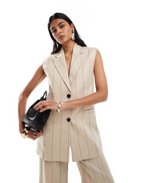 & Other Stories linen longline waistcoat in beige with black pinstripes - view 1