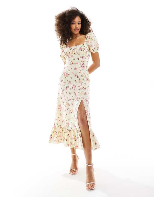 & Other Stories linen look puff sleeve midaxi dress with split in floral print