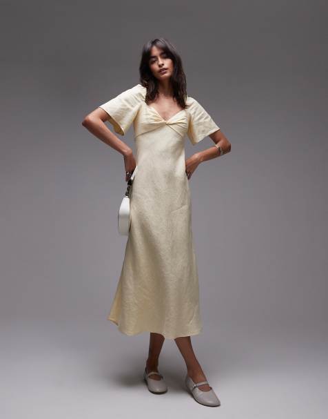 & Other Stories linen-look puff sleeve midaxi dress with twist sweetheart neckline in light beige - view 1