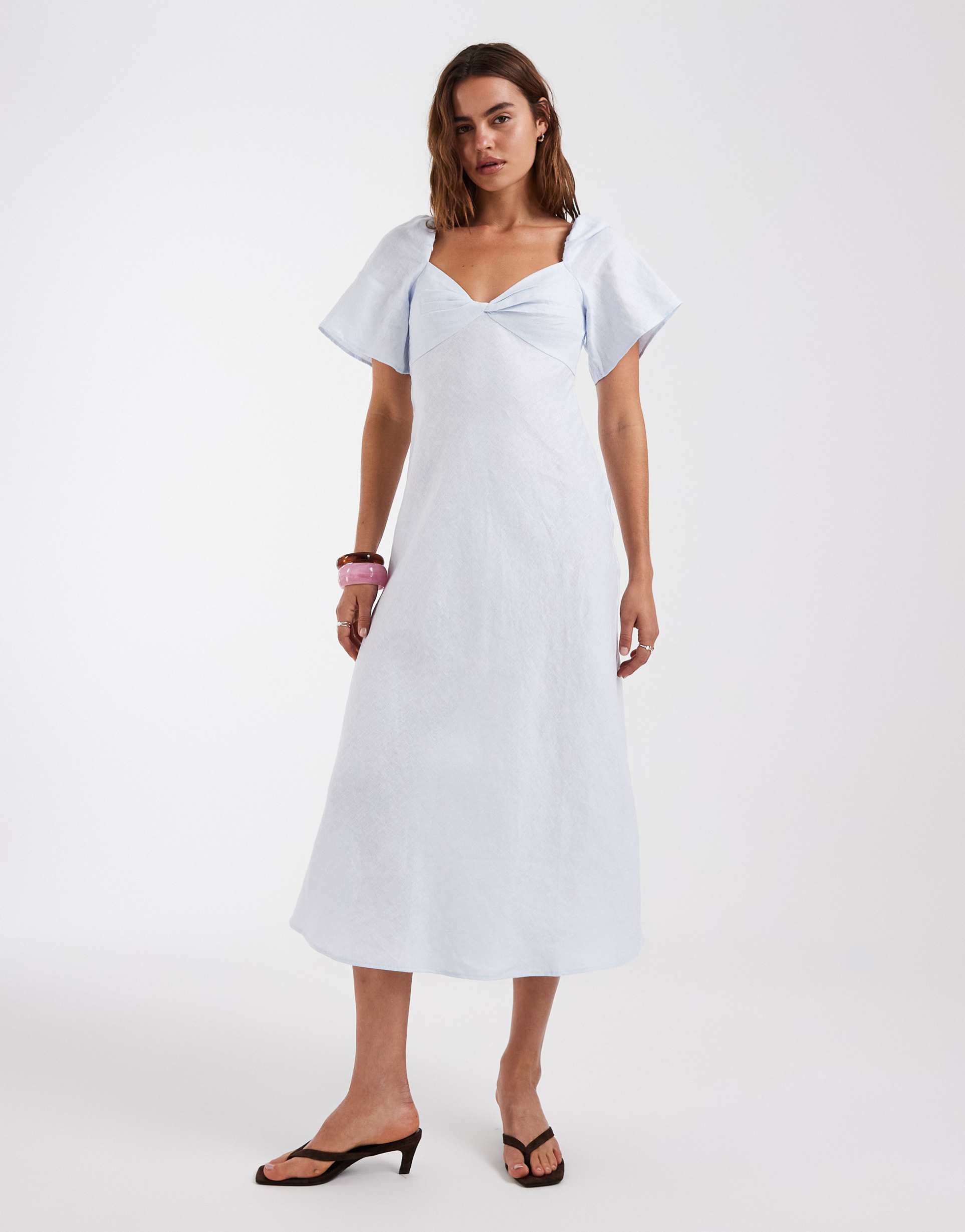 & other stories linen look puff sleeve midaxi dress with twist sweetheart neckline in pastel blue