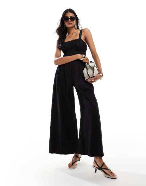 & Other Stories linen look wide leg jumpsuit with ruched bodice detail and square neckline in black - view 1