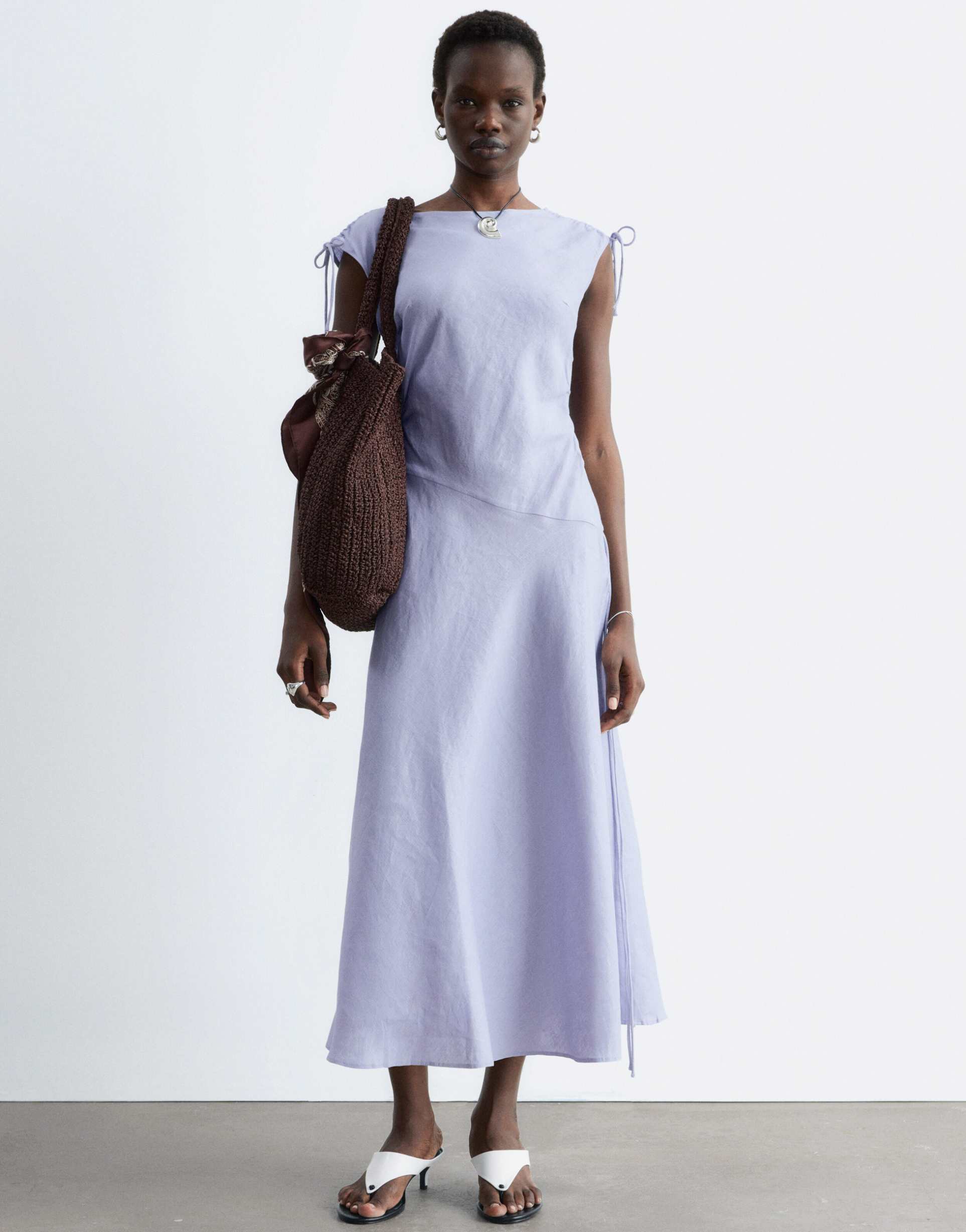 & other stories linen midi dress with asymmetric hem in light lilac