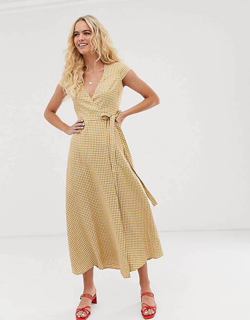 & Other Stories linen midi wrap dress in yellow gingham