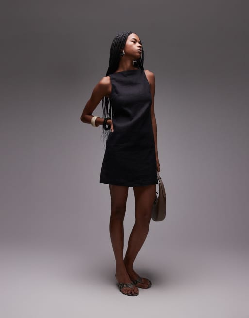 & Other Stories linen mini dress with boat neck in black