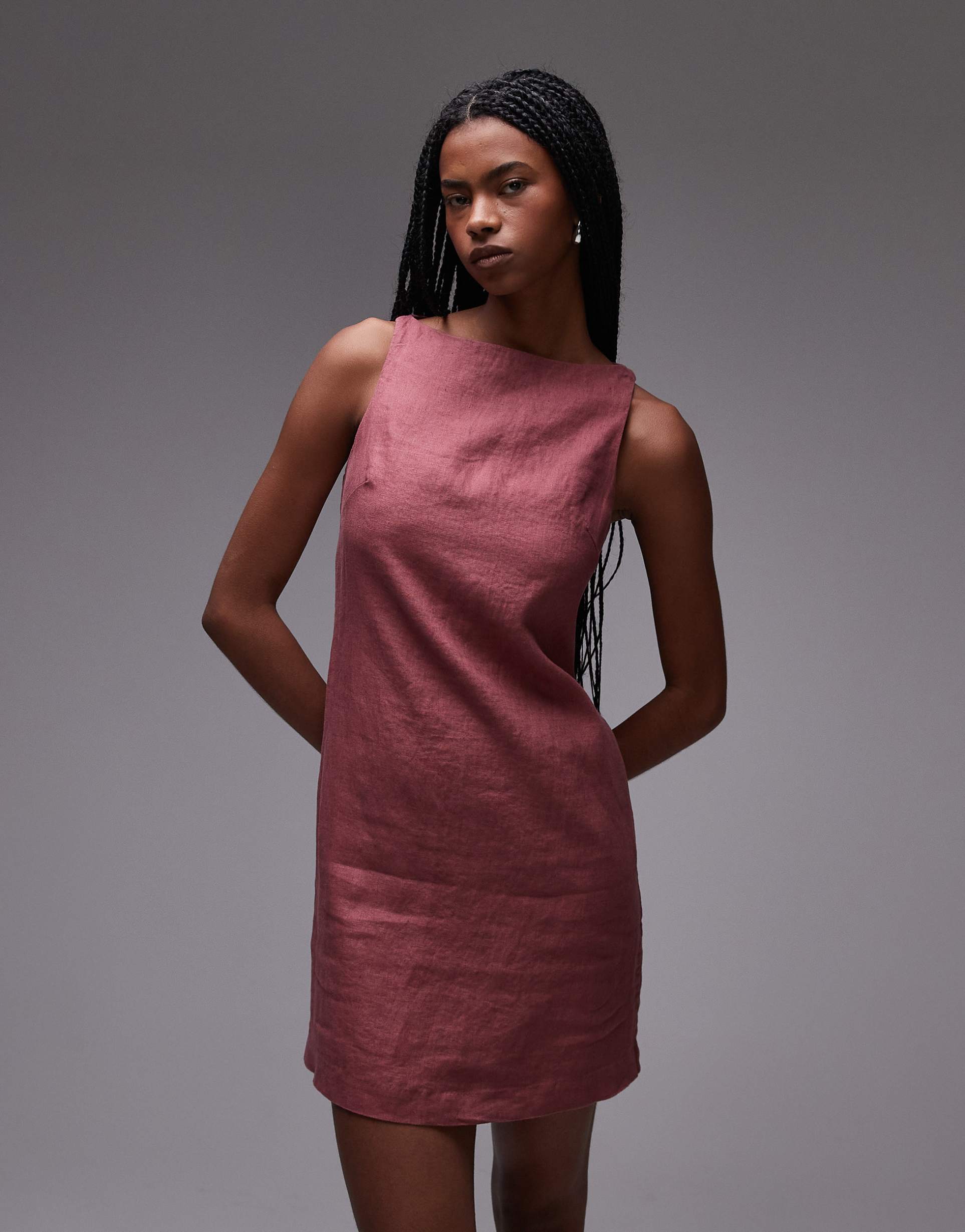 & other stories linen mini dress with boat neck in burgundy pink