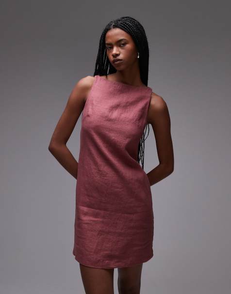 & Other Stories linen mini dress with boat neck in burgundy red - view 1