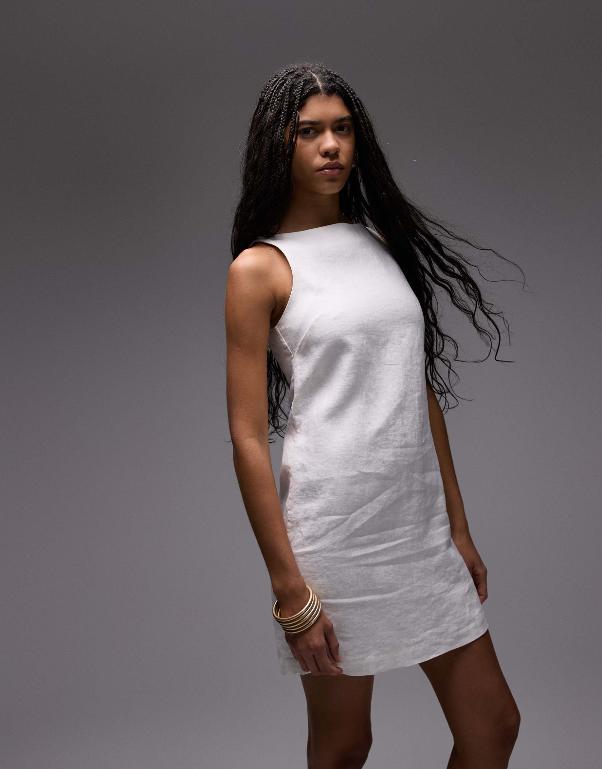 & other stories linen mini dress with boat neck in off white