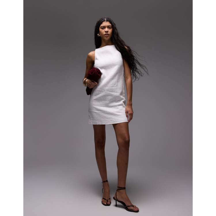 & Other Stories Linen Mini Dress with Boat Neck in White