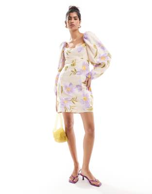 & Other Stories linen mini dress with volume sleeve in floral print-Multi