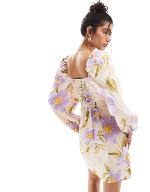 & Other Stories linen mini dress with volume sleeve in floral print 