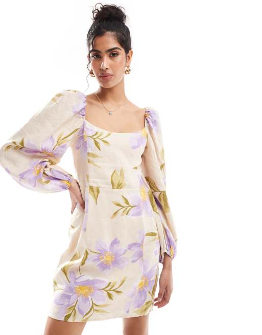 & Other Stories linen mini dress with volume sleeve in floral print 