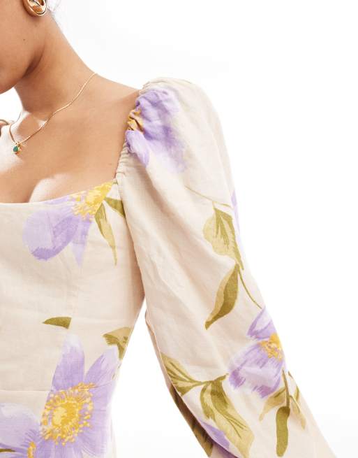 & Other Stories linen mini dress with volume sleeve in floral print 